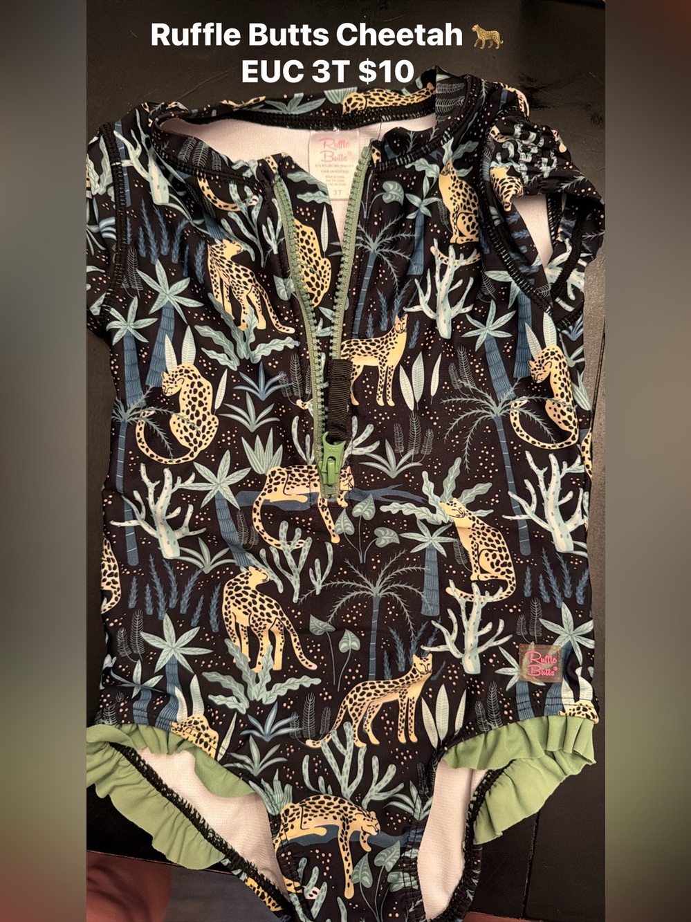 Ruffle Butts Navy Swimsuit with Sage & Pale Yellow Jungle Print